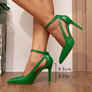 Pointed Toe Green Crocodile Patterned Stiletto Pumps, Ankle Strap Heels